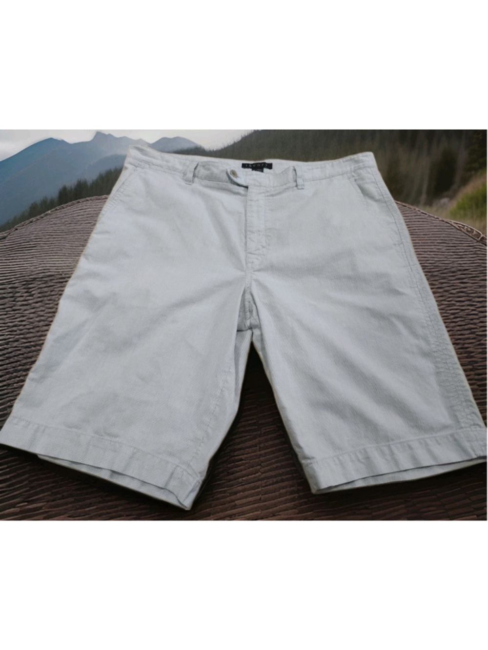 Theory Mens Linen Blend Shorts Size 36 Chino Flat Front Blue White Striped